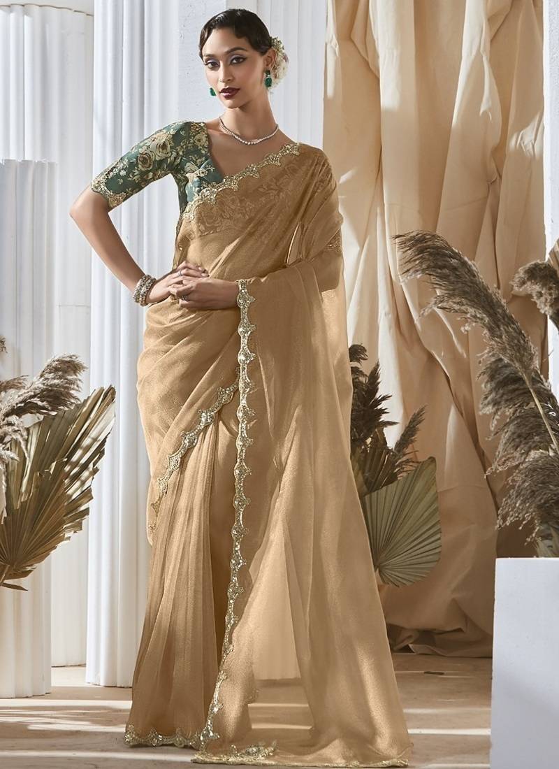 cream tissue silk blend sequince work designer border with digital printed blouse party wear saree
