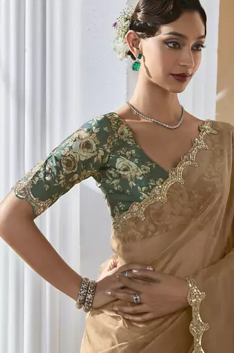cream tissue silk blend sequince work designer border with digital printed blouse party wear saree