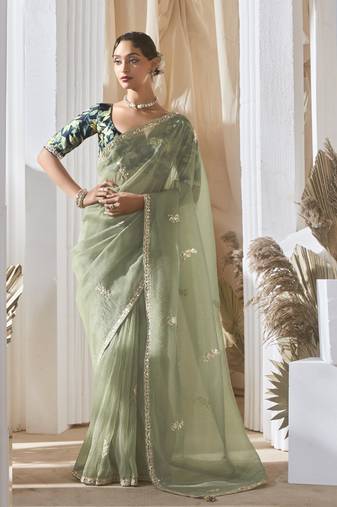 pista tissue silk blend sequince work designer border with tussel on pallu & digital printed blouse party wear saree