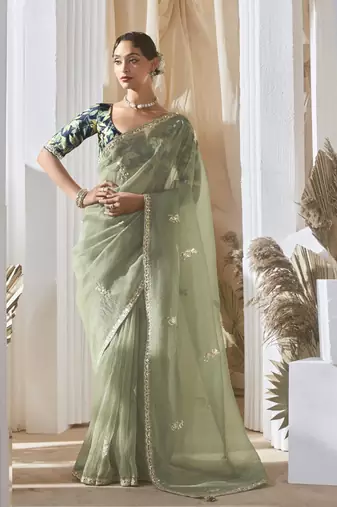 pista tissue silk blend sequince work designer border with tussel on pallu & digital printed blouse party wear saree