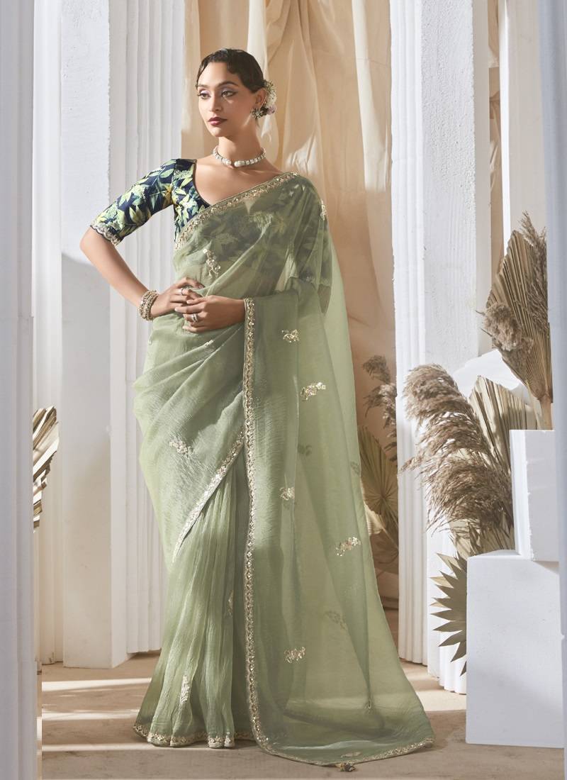 pista tissue silk blend sequince work designer border with tussel on pallu & digital printed blouse party wear saree
