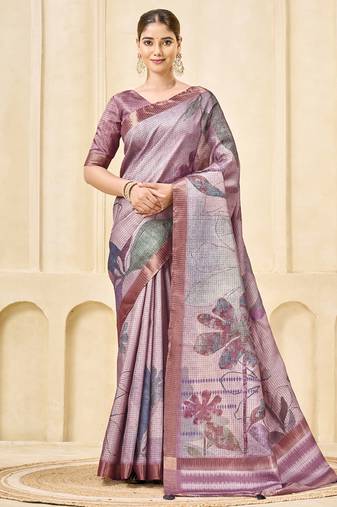 mauve signora zari silk blend floral digital printed casual wear saree.