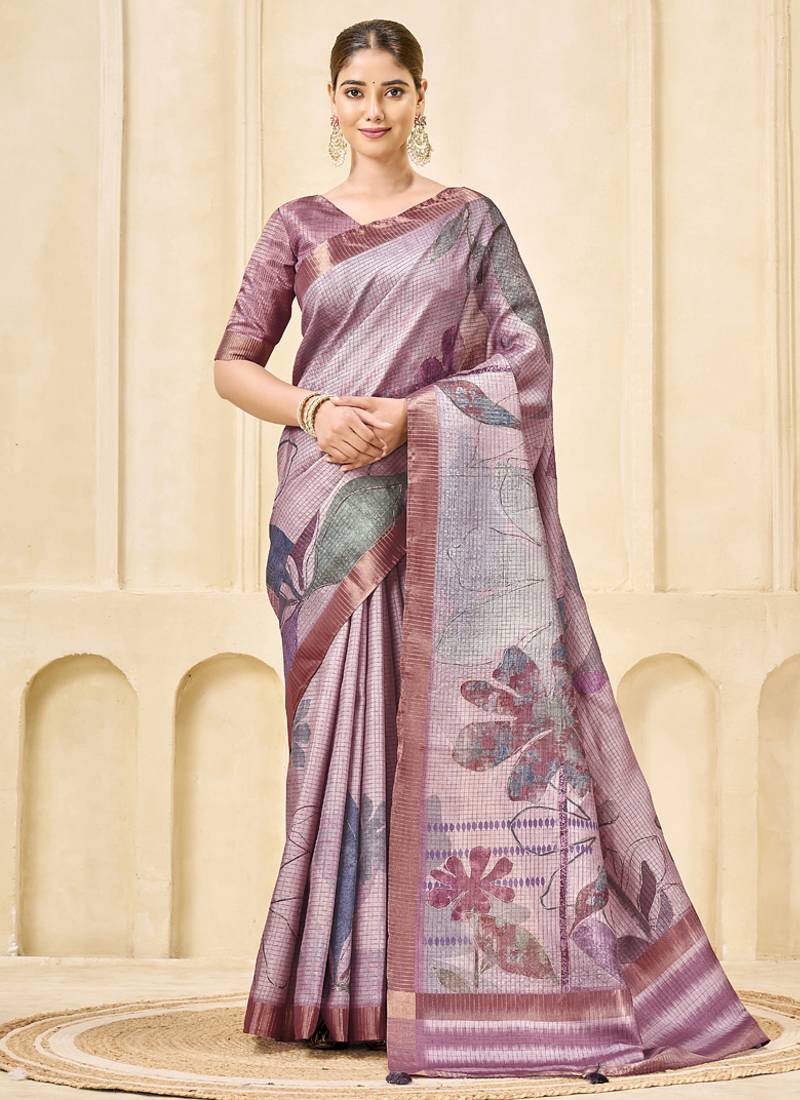 mauve signora zari silk blend floral digital printed casual wear saree.