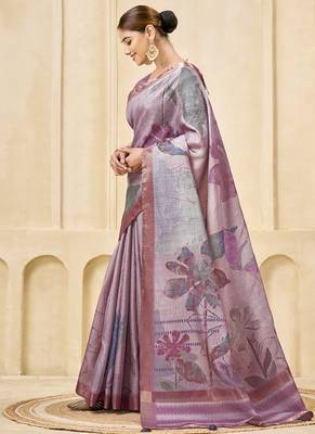 mauve signora zari silk blend floral digital printed casual wear saree. 2
