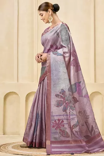 mauve signora zari silk blend floral digital printed casual wear saree.