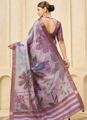 mauve signora zari silk blend floral digital printed casual wear saree. 3