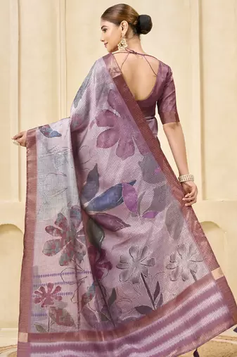 mauve signora zari silk blend floral digital printed casual wear saree.
