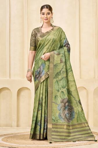 green signora zari silk blend floral digital printed casual wear saree.