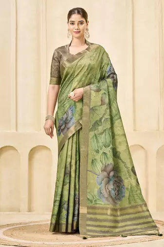 green signora zari silk blend floral digital printed casual wear saree.