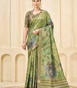 green signora zari silk blend floral digital printed casual wear saree.