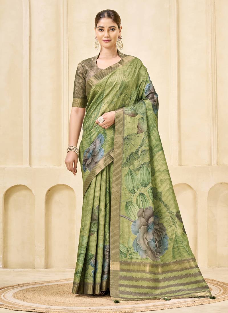 green signora zari silk blend floral digital printed casual wear saree.