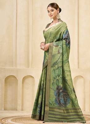 green signora zari silk blend floral digital printed casual wear saree. 2