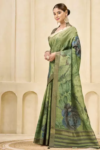 green signora zari silk blend floral digital printed casual wear saree.