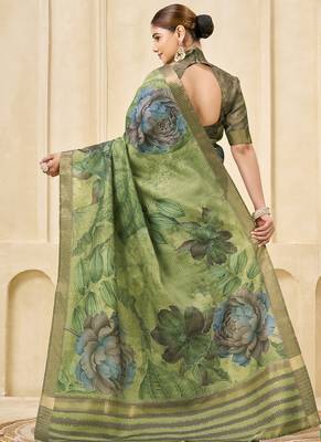 green signora zari silk blend floral digital printed casual wear saree. 3