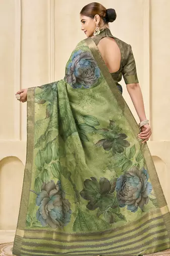green signora zari silk blend floral digital printed casual wear saree.
