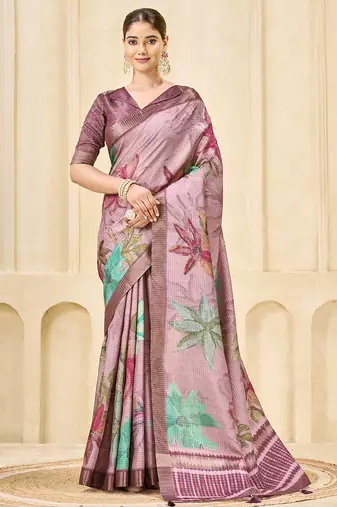 onion pink signora zari silk blend floral digital printed casual wear saree.