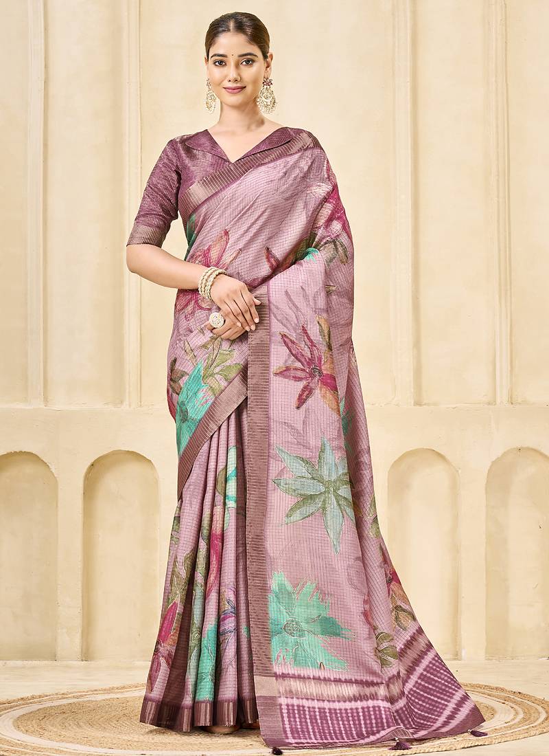 onion pink signora zari silk blend floral digital printed casual wear saree.