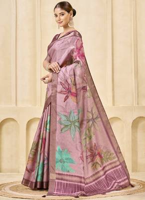 onion pink signora zari silk blend floral digital printed casual wear saree. 2