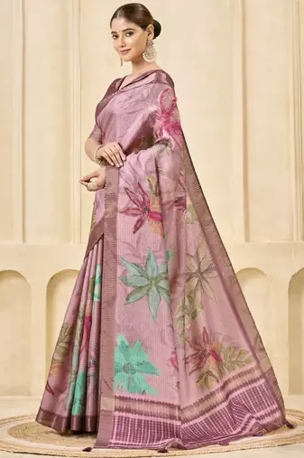 onion pink signora zari silk blend floral digital printed casual wear saree.