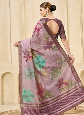 onion pink signora zari silk blend floral digital printed casual wear saree. 3