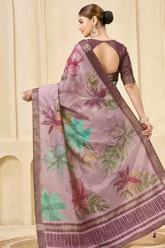 onion pink signora zari silk blend floral digital printed casual wear saree.