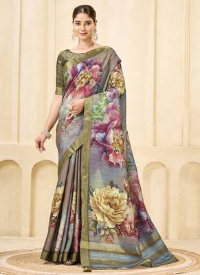 gray pink signora zari silk blend floral digital printed casual wear saree. 1