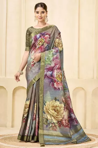 gray pink signora zari silk blend floral digital printed casual wear saree.