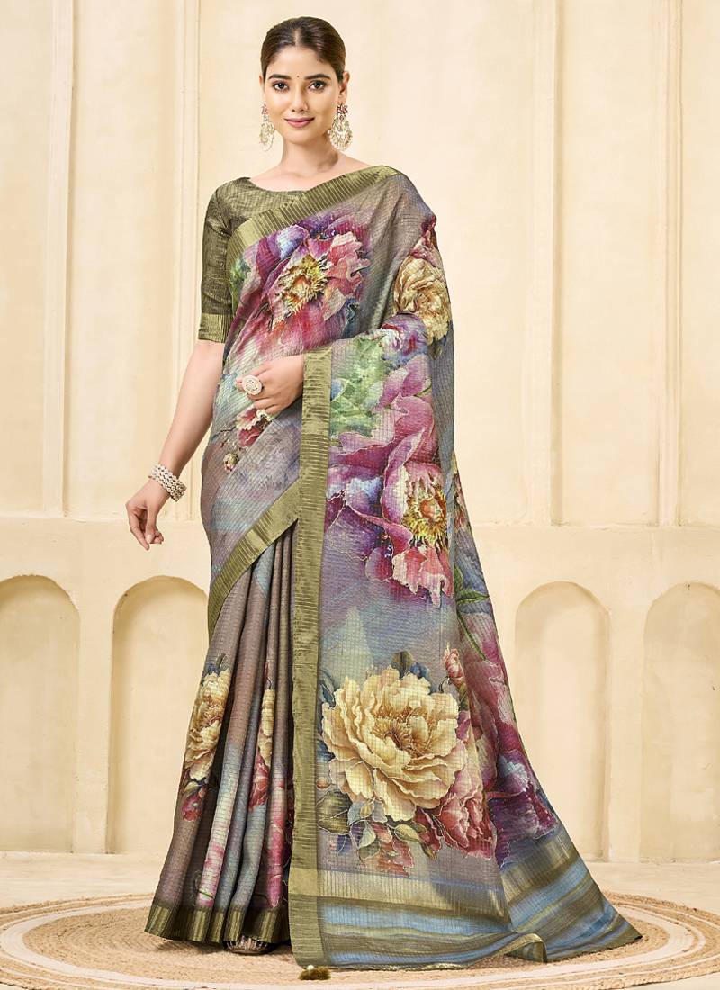 gray pink signora zari silk blend floral digital printed casual wear saree.