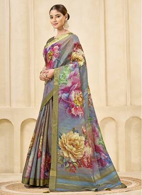 gray pink signora zari silk blend floral digital printed casual wear saree. 2