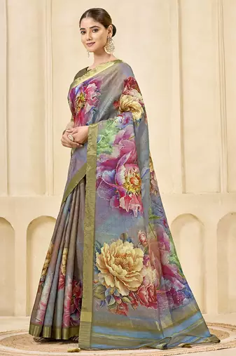 gray pink signora zari silk blend floral digital printed casual wear saree.