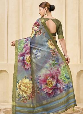 gray pink signora zari silk blend floral digital printed casual wear saree. 3