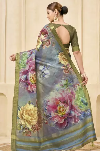 gray pink signora zari silk blend floral digital printed casual wear saree.