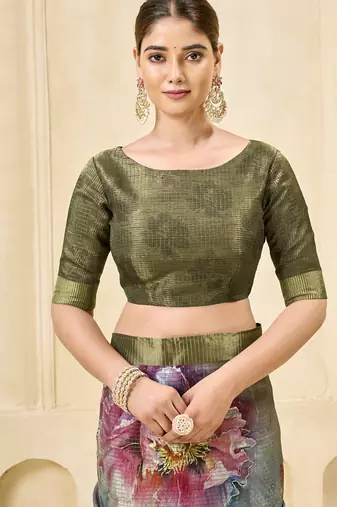 gray pink signora zari silk blend floral digital printed casual wear saree.