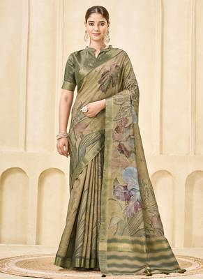 chiku signora zari silk blend floral digital printed casual wear saree. 1