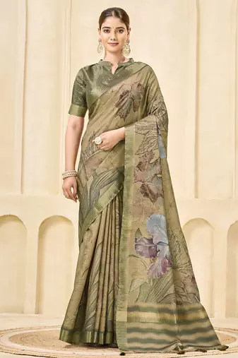 chiku signora zari silk blend floral digital printed casual wear saree.