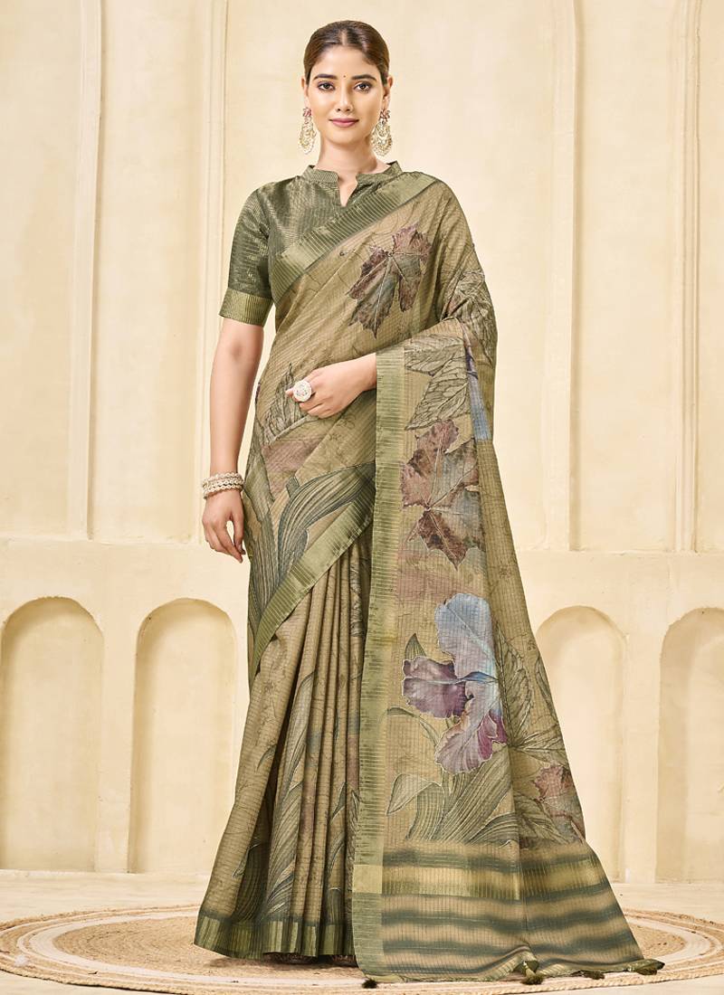 chiku signora zari silk blend floral digital printed casual wear saree.