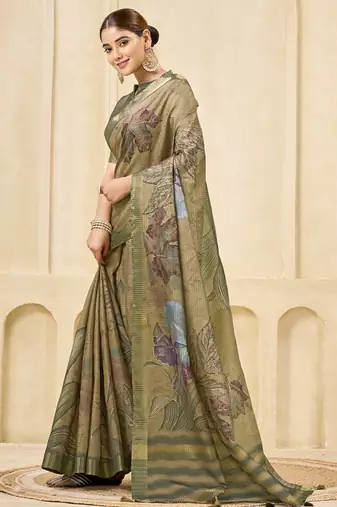 chiku signora zari silk blend floral digital printed casual wear saree.