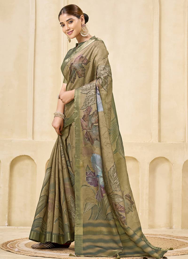 chiku signora zari silk blend floral digital printed casual wear saree.