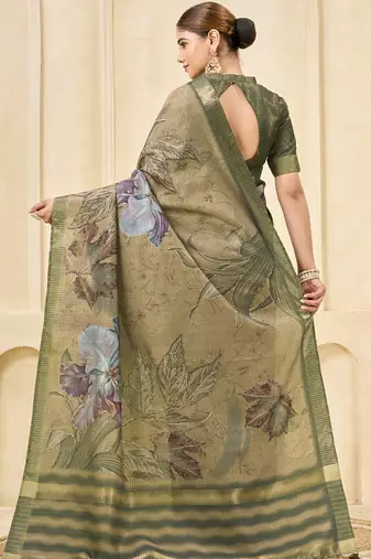 chiku signora zari silk blend floral digital printed casual wear saree.