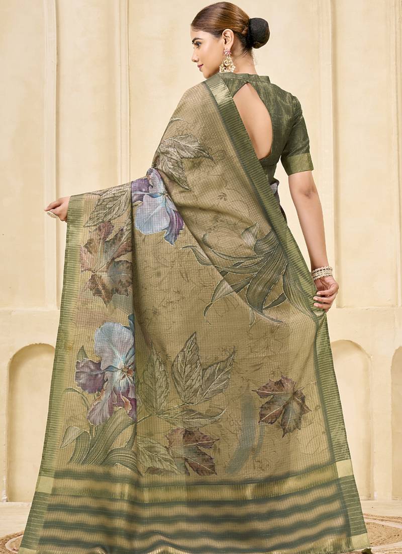 chiku signora zari silk blend floral digital printed casual wear saree.