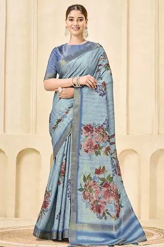 sky blue pink signora zari silk blend floral digital printed casual wear saree.