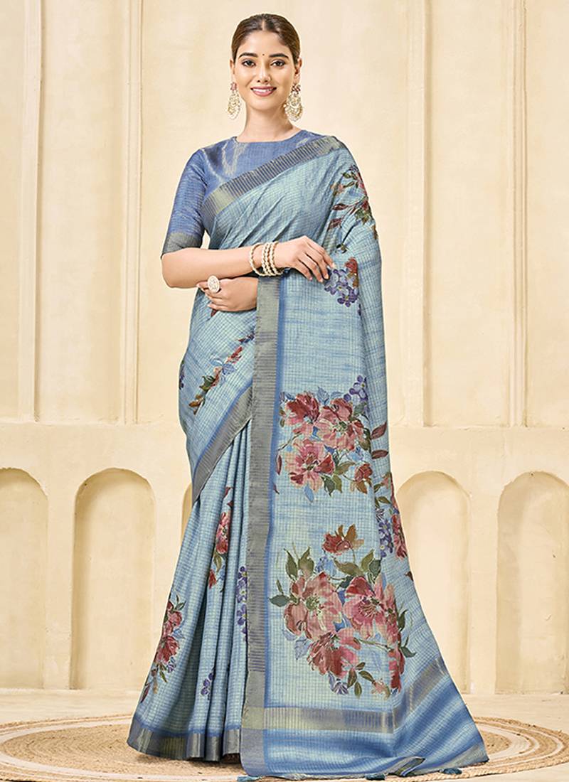 sky blue pink signora zari silk blend floral digital printed casual wear saree.