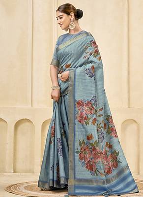 sky blue pink signora zari silk blend floral digital printed casual wear saree. 2