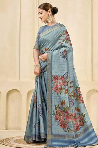 sky blue pink signora zari silk blend floral digital printed casual wear saree.