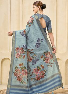 sky blue pink signora zari silk blend floral digital printed casual wear saree. 3