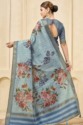 sky blue pink signora zari silk blend floral digital printed casual wear saree.