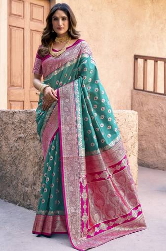 teal color elegant soft silk blend saree
