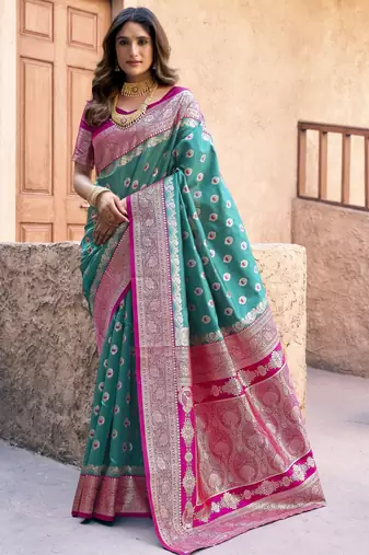 teal color elegant soft silk blend saree