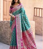 teal color elegant soft silk blend saree