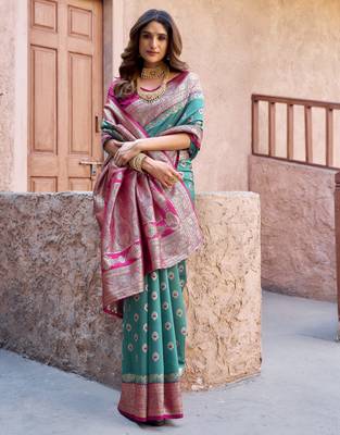 teal color elegant soft silk blend saree 2